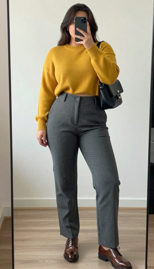 Model in grey high-waisted pants and cropped mustard sweater with leather oxfords and mini backpack, taking a mirror selfie in bedroom.