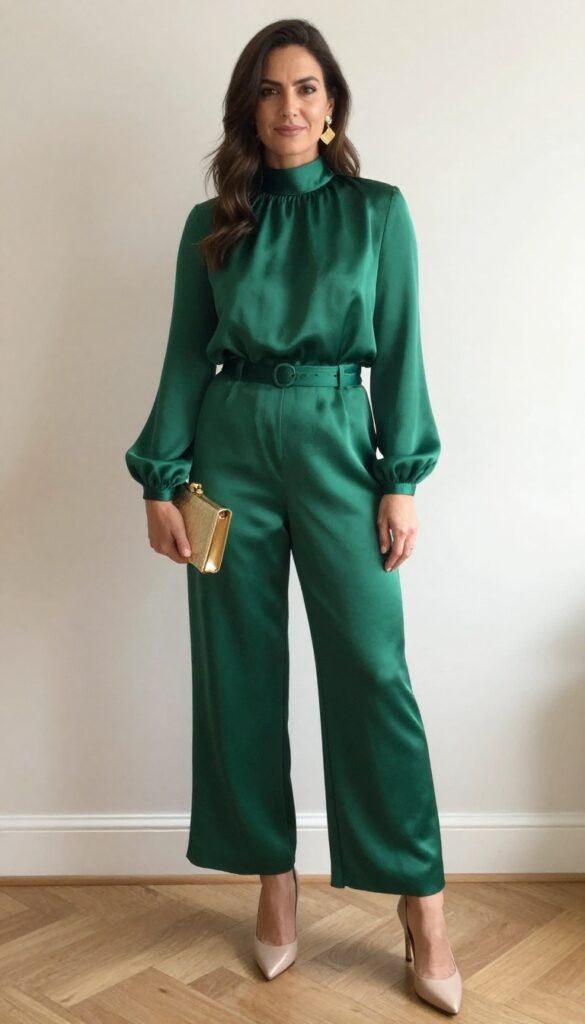 Woman in emerald satin jumpsuit with belt and gold accessories at formal event