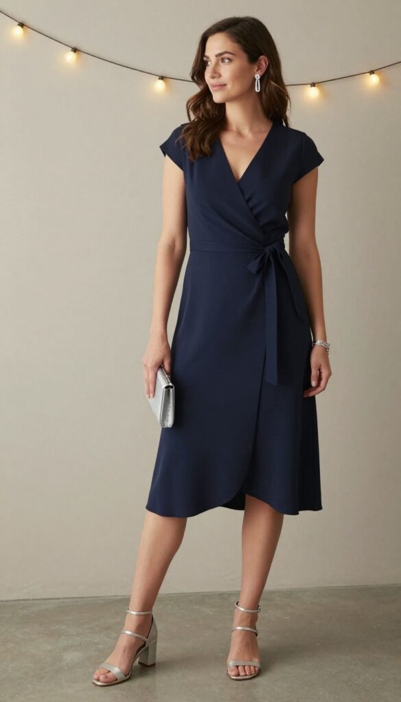 Woman in navy blue wrap dress with pockets and silver accessories at evening wedding reception