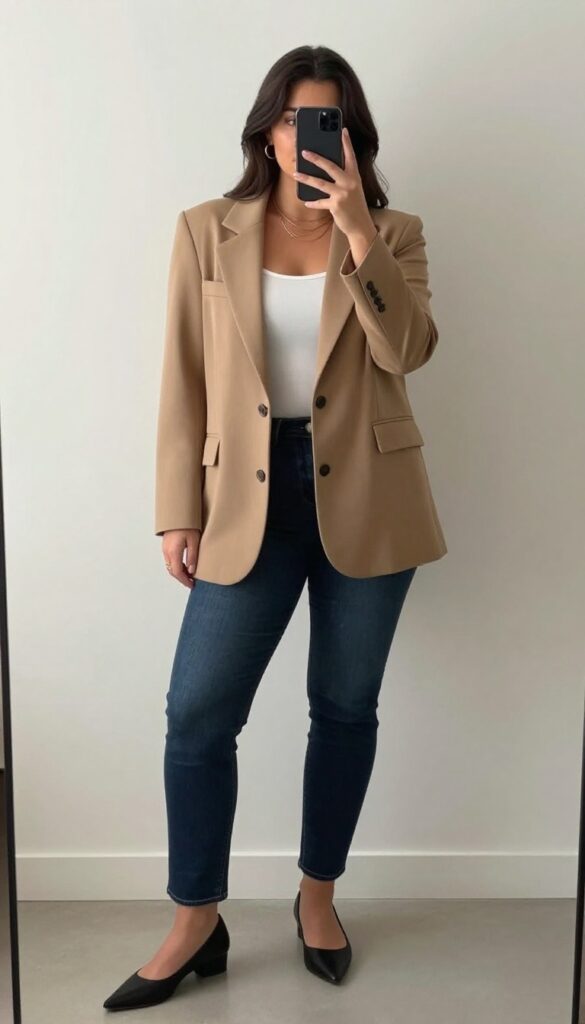 Plus-size model in a structured camel blazer, fitted white camisole, and dark wash straight-leg jeans, posing in a mirror selfie with a phone, wearing gold hoops and pointed flats, in a bright room.