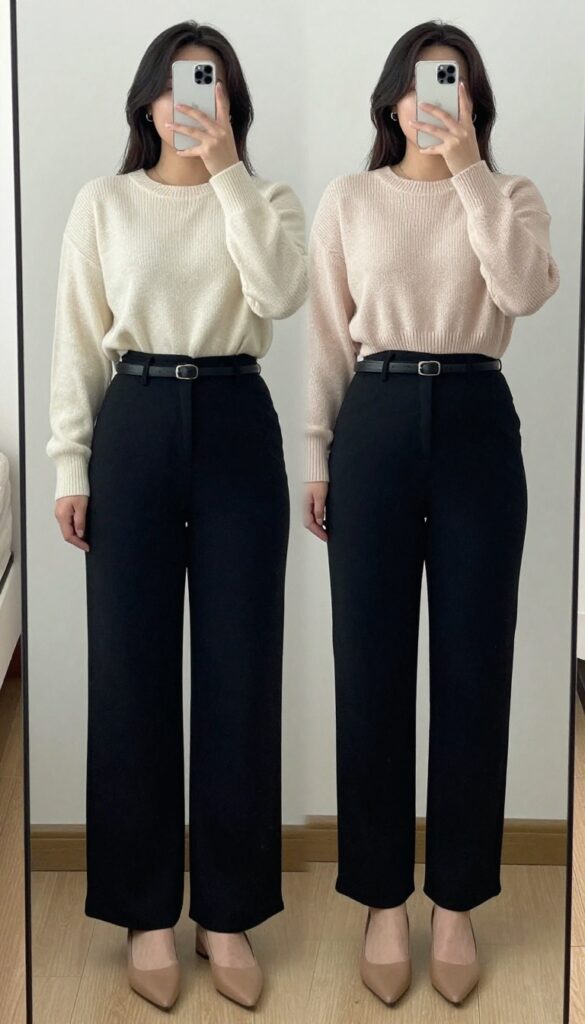 Woman in high-waisted trousers and cropped sweater taking a mirror selfie in bedroom, phone partially covering face.