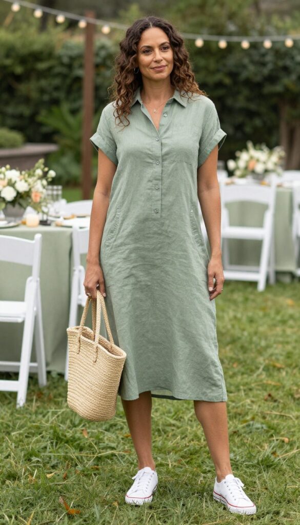 Sage green shirt dress with pockets and white sneakers for a garden wedding