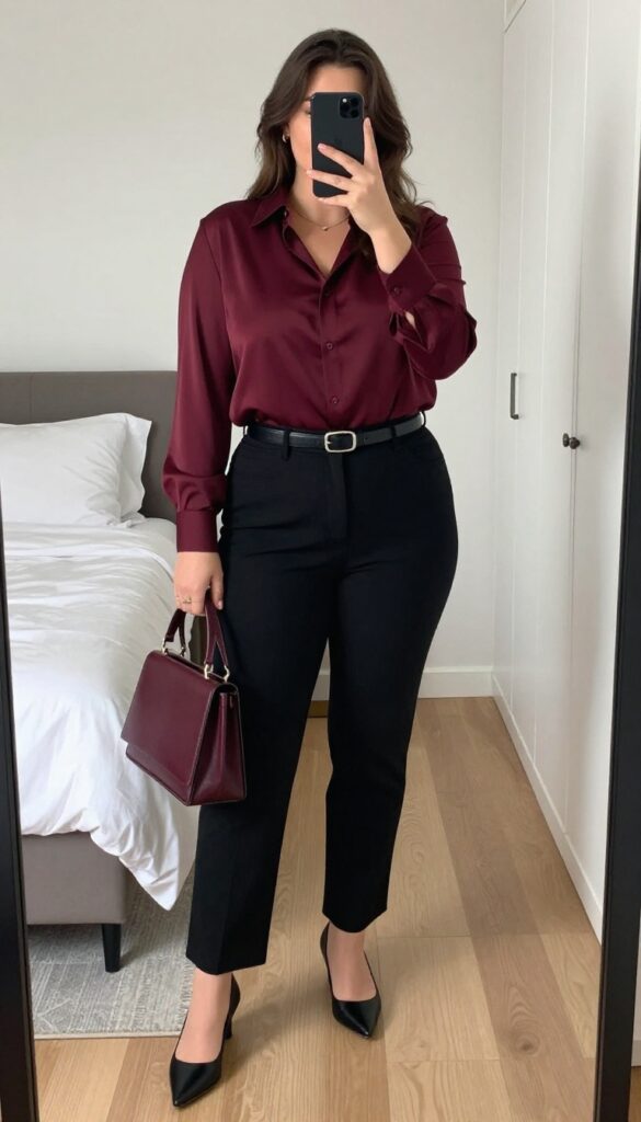 A woman in a burgundy silk blouse and black straight-leg pants, with a black belt and pointed-toe flats, holding a structured crossbody bag, standing in a professional setting.