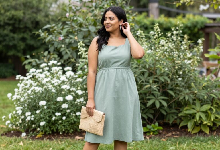 Woman in boatneck midi dress with wedge sandals at outdoor wedding