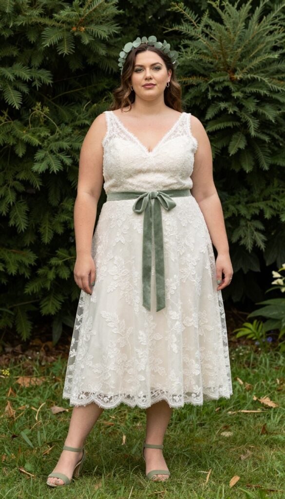Plus size bride in ivory lace A-line dress with sage green belt and sandals, standing in a sunlit garden, smiling gently.