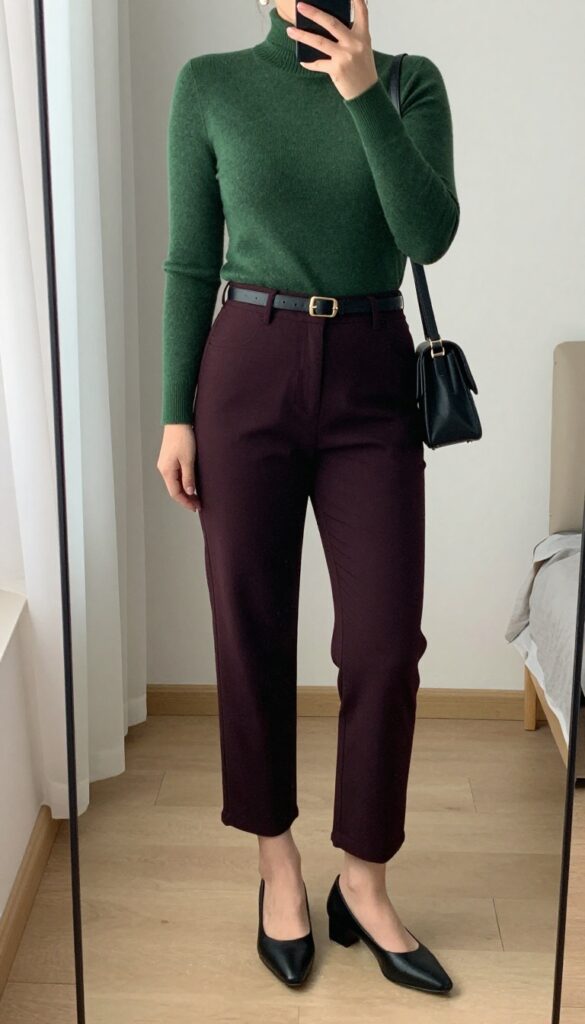 Petite woman in fitted burgundy turtleneck and cropped straight-leg pants, posing in front of a mirror, phone partially covering face.