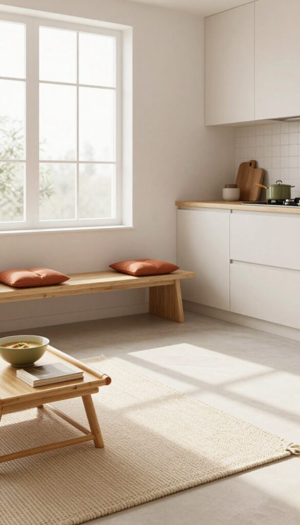 Low wooden bench with tray table and floor cushions in a bright kitchen, creating a casual dining spot.