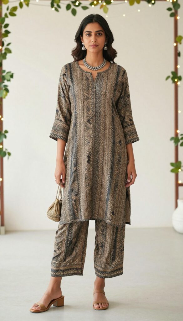 South Asian woman in her late 20s wearing a printed sharara set with a chunky silver necklace, standing at an outdoor evening wedding venue with fairy lights, smiling, holding a potli bag, wearing kolhapuri chappals.