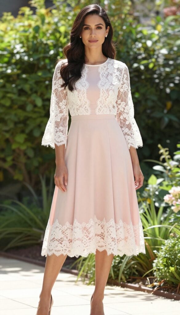 Woman in blush A-line dress and white lace kimono in garden