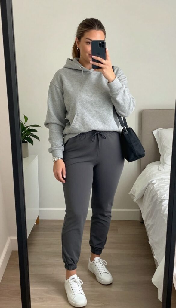 Plus-size woman in grey hoodie and tapered joggers taking a mirror selfie, with white sneakers and crossbody bag, in bright natural light.