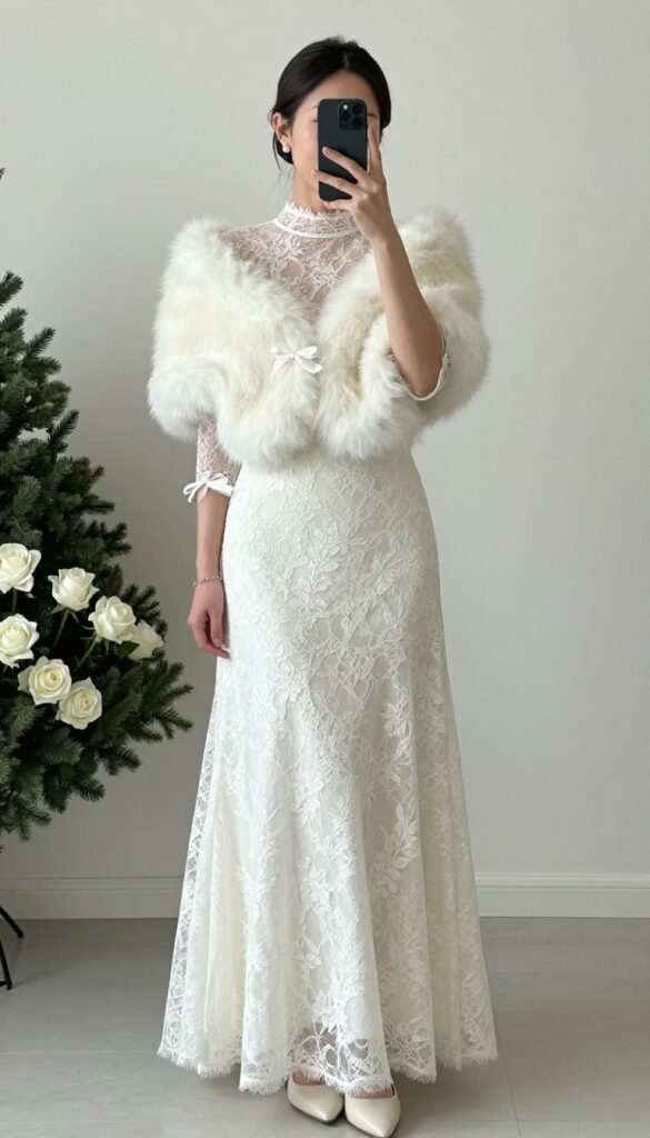 Woman in high-neck long-sleeve lace wedding dress with bow cuffs, fur stole, and white rose bouquet