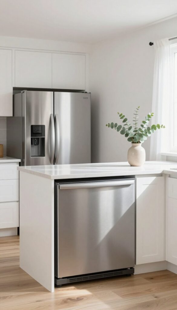 Counter-depth refrigerator with hidden handles flush against white cabinets in a bright, airy kitchen