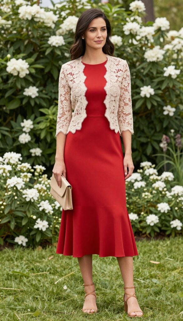 Woman in red wedding dress with beige lace bolero and tan sandals in garden