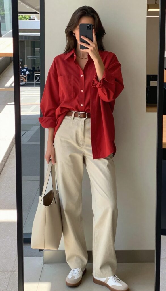 A woman in a red shirt and beige chinos, taking a mirror selfie in a bright, modern room. The outfit is casual yet refined, with the shirt half-tucked and accessorized with a belt and tote bag.