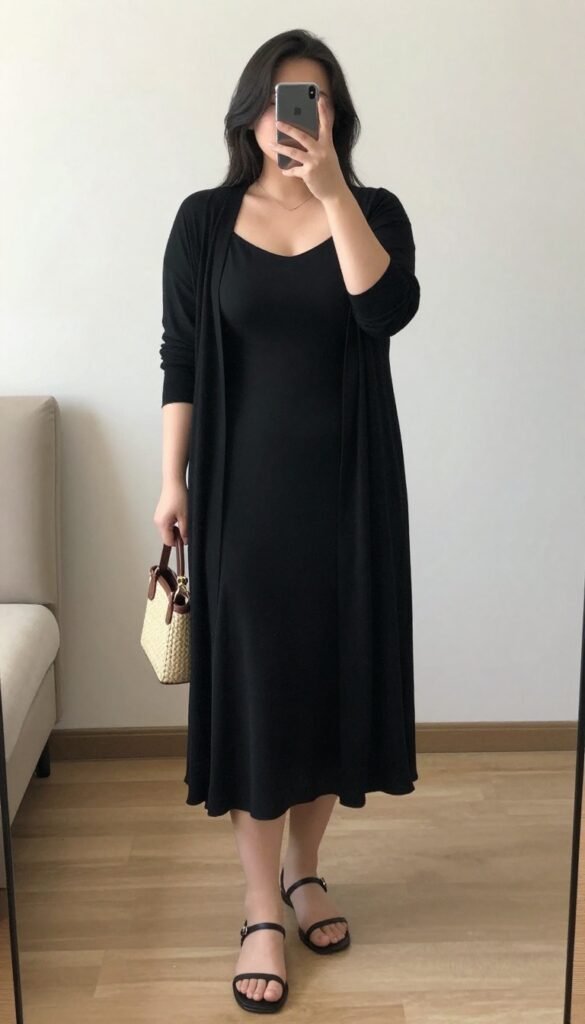 Black cardigan layered over a black slip dress with strappy sandals and a woven bag, monochromatic look.
