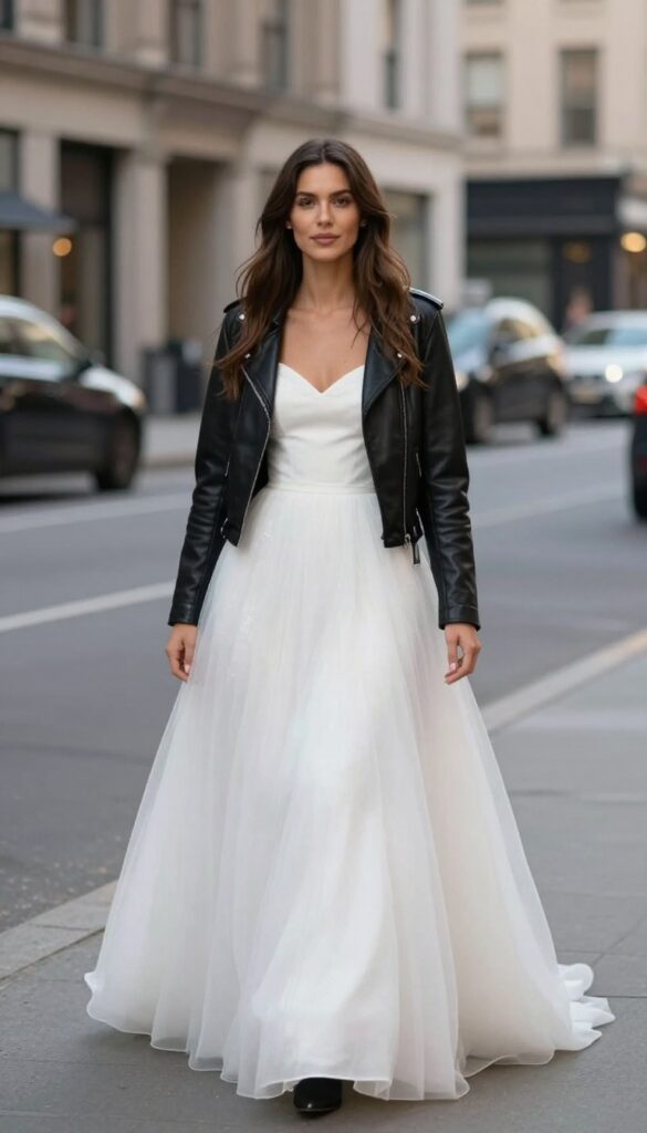 Woman in white puffy wedding dress with cropped black leather jacket and black ankle boots on city street at dusk