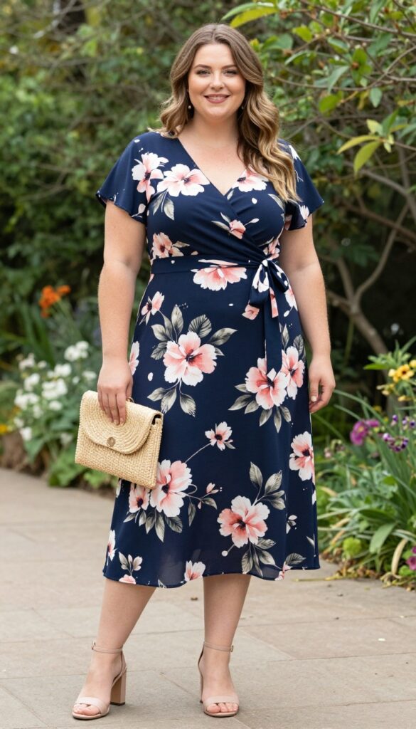 Plus size woman in floral wrap dress with block heels and straw clutch in garden