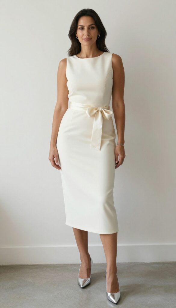 Woman in ivory sheath dress with bow belt and silver heels