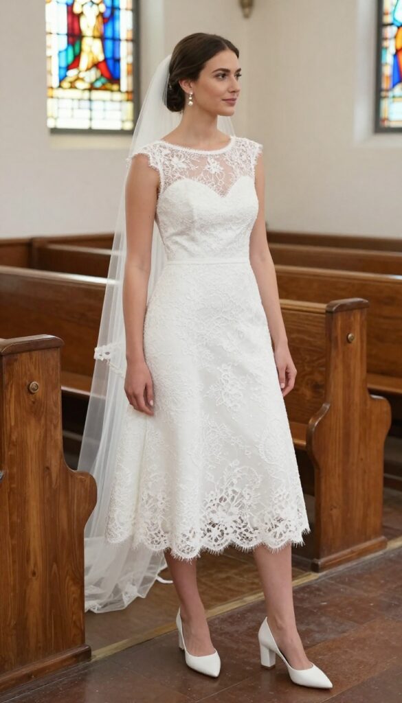 Woman in lace wedding dress with cathedral veil and pearl drop earrings in church