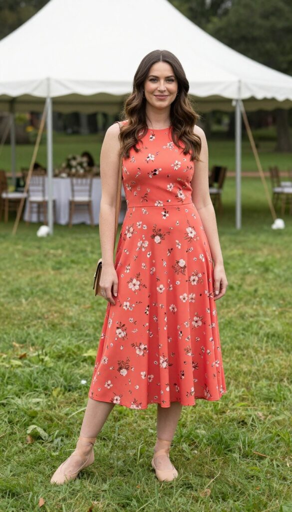 Woman in coral floral fit-and-flare dress with nude ballet flats and tan crossbody bag at outdoor wedding