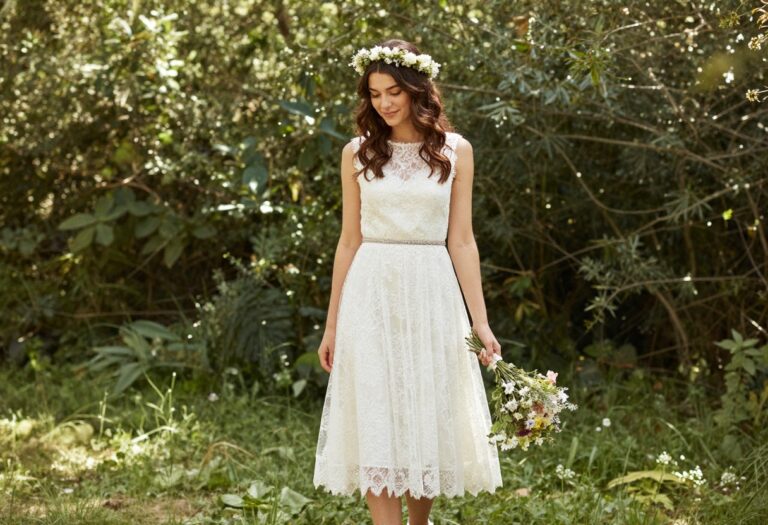 Boho bride in lace wedding dress with crystal belt and flower crown in garden