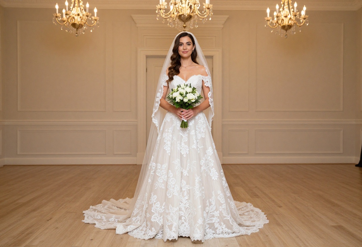 Woman in off-shoulder lace wedding dress with veil in glamorous ballroom