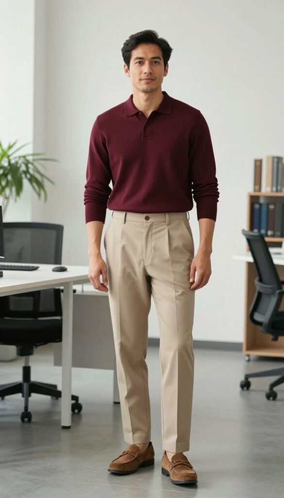 Man in burgundy knit polo and beige pleated trousers with suede loafers in modern office lobby