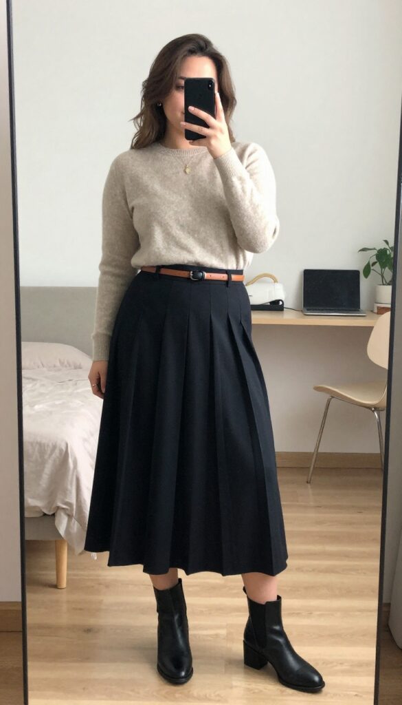 Woman in cashmere sweater and pleated midi skirt with ankle boots, mirror selfie
