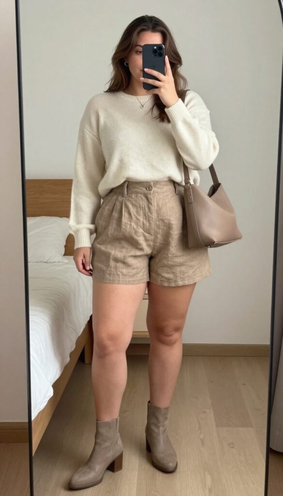 Woman in cashmere sweater and linen culottes, ankle boots, crossbody bag, neutral tones, polished casual outfit