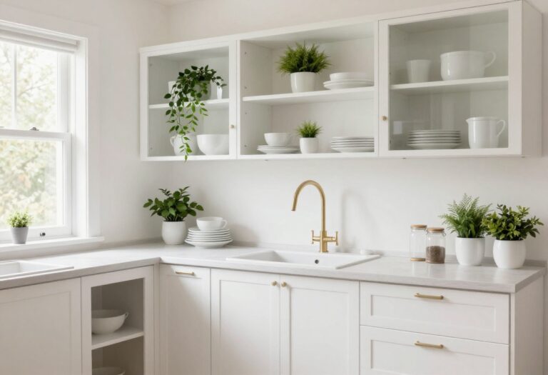 Cozy kitchen with organized upper cabinets, open shelving, and natural light