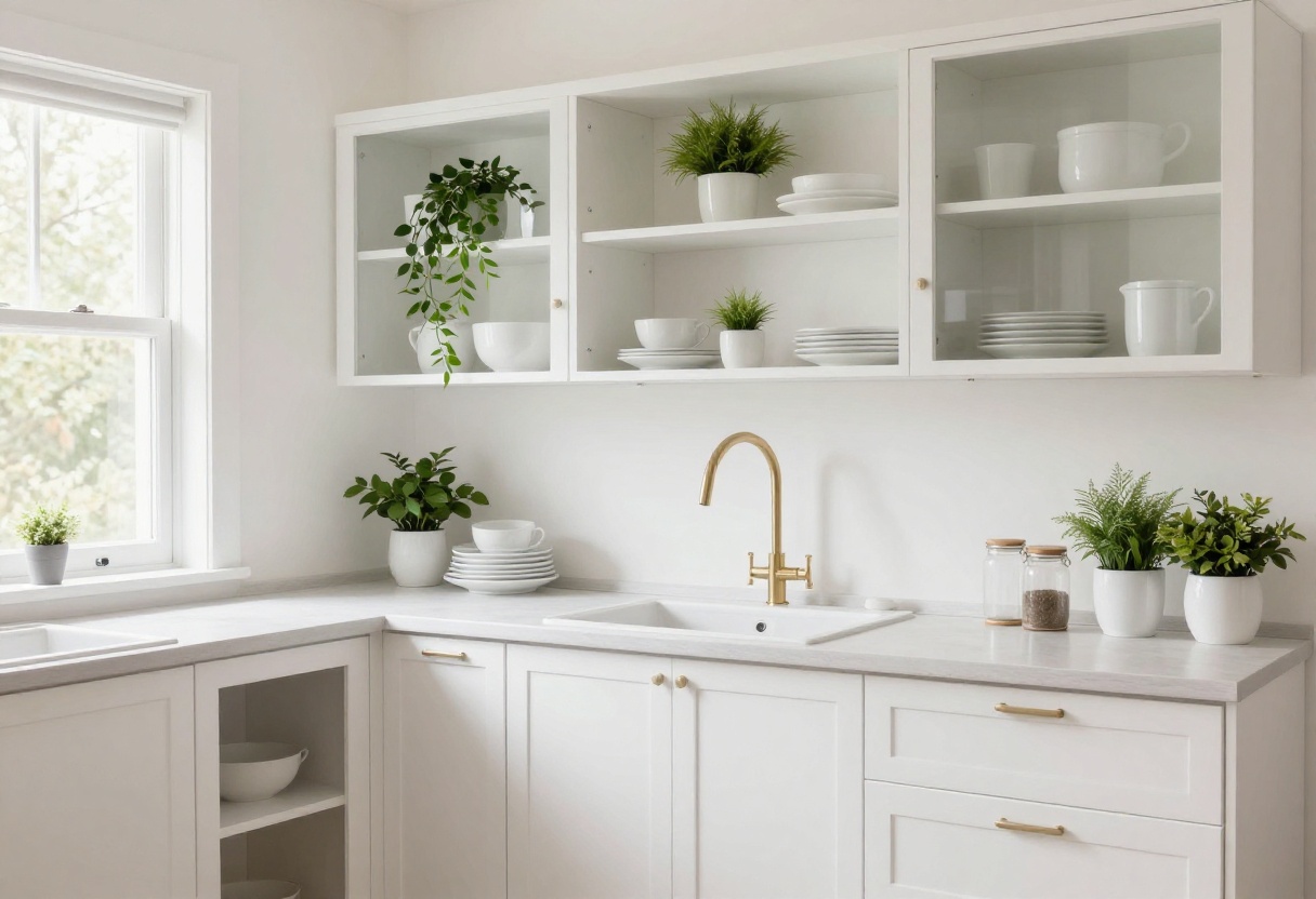Cozy kitchen with organized upper cabinets, open shelving, and natural light