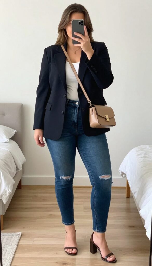 Model in distressed jeans, blazer, and heeled sandals, mirror selfie