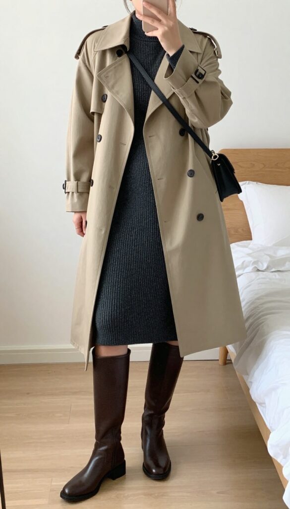 A woman in a beige trench coat over a charcoal ribbed knit midi dress, black knee-high boots, and a crossbody bag, taking a mirror selfie in a bedroom.