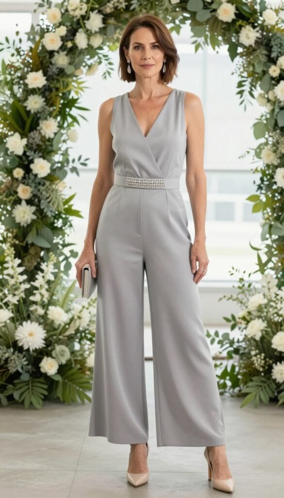 Mother of the bride in silver gray jumpsuit with beaded belt at sage green wedding