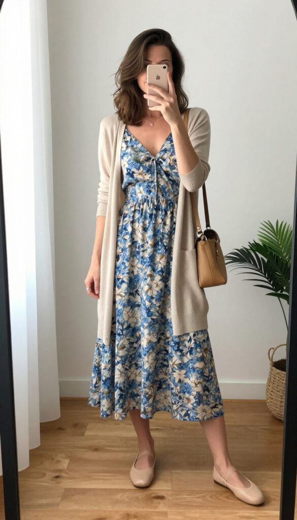 A woman in a floral midi dress and beige cardigan takes a mirror selfie, wearing ballet flats and a crossbody bag.