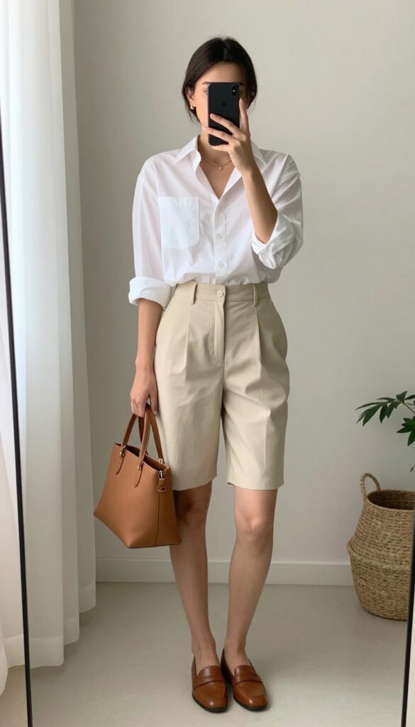 Woman in high-waisted shorts and white button-up shirt taking a mirror selfie, showcasing a polished summer date outfit with loafers and tote bag.