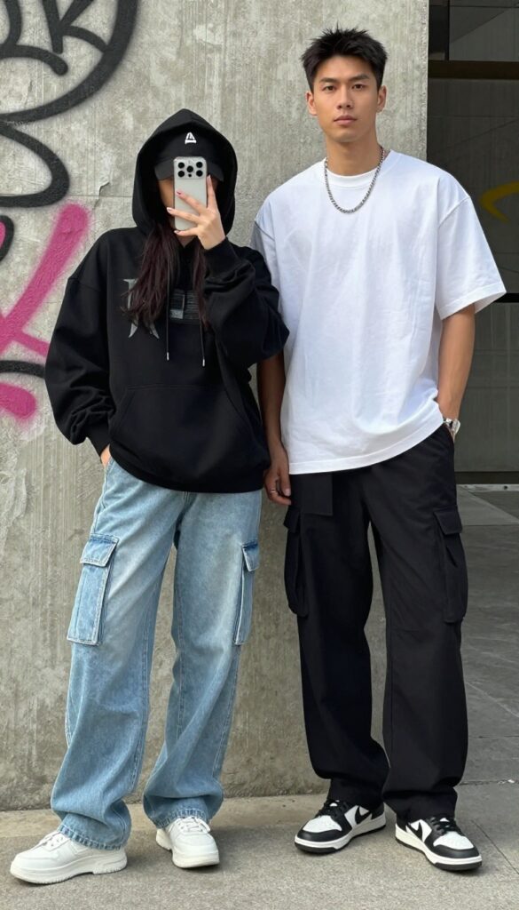 A couple in coordinated casual streetwear outfits, she in an oversized black hoodie and cargo pants, he in a white tee and black cargos, posing for a mirror selfie in an urban setting.