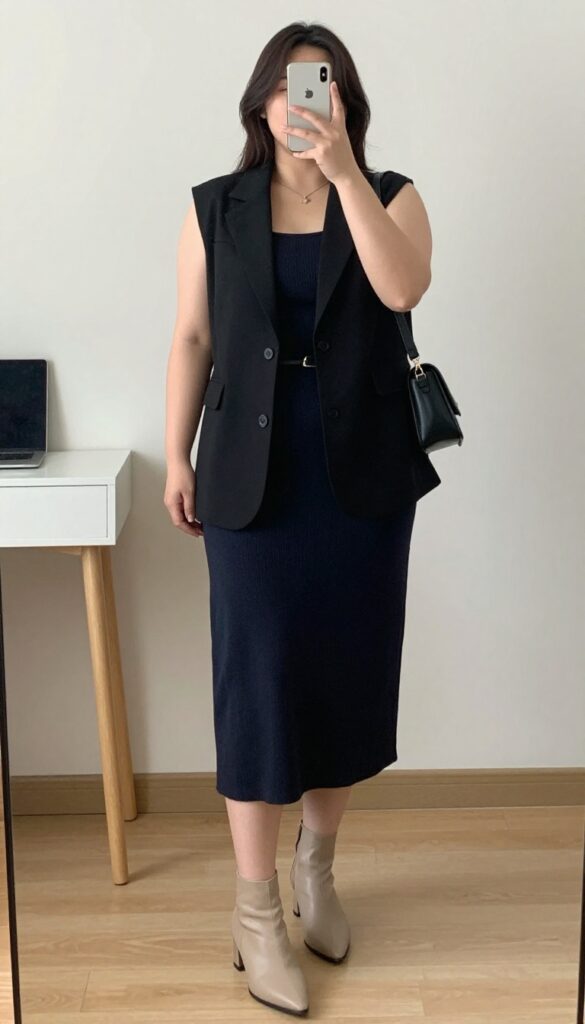 Woman in blazer over midi dress with ankle boots and crossbody bag