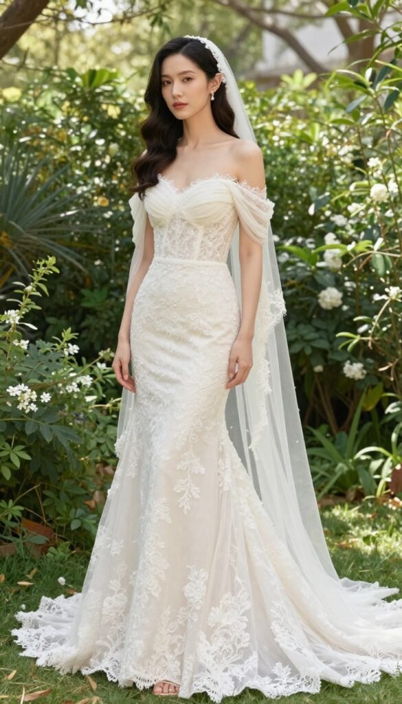 Young woman in off-the-shoulder ivory lace wedding dress with waterfall veil, standing in a spring garden