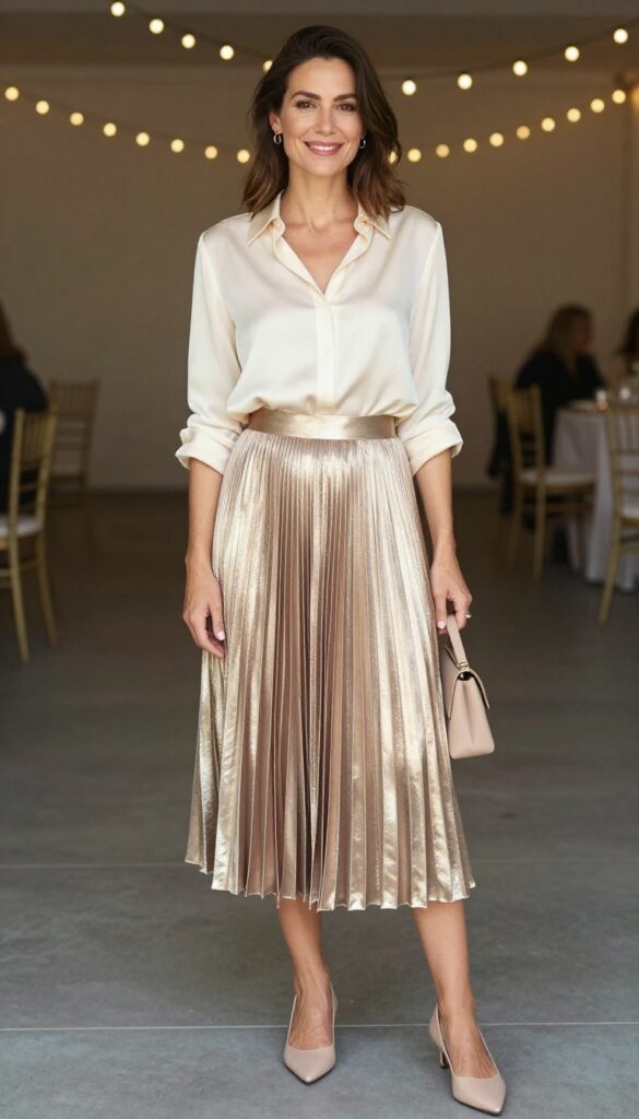 Woman in champagne midi skirt and cream silk blouse at evening wedding