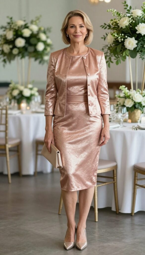Mother of the bride in rose gold metallic sheath dress and matching jacket at sage green wedding