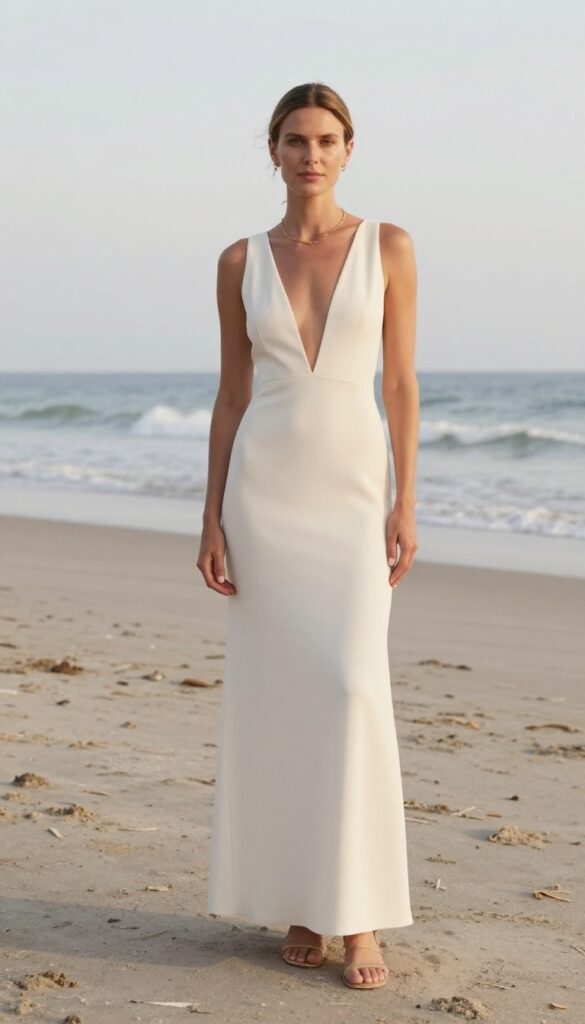 Young woman with fair skin and light brown hair wearing an ivory crepe column dress with a low back, standing on a sandy beach at sunset. She wears strappy gold sandals and delicate gold jewelry.