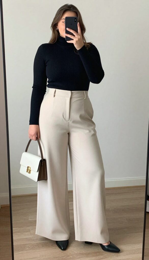 Wide-leg trousers paired with a fitted turtleneck, tucked in, with loafers and a mini shoulder bag.