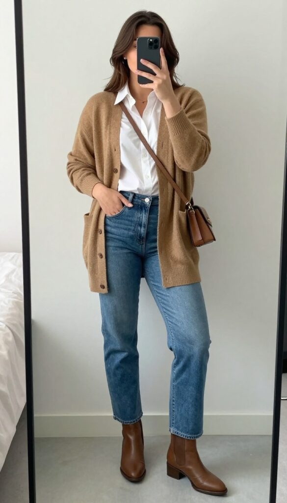 Woman in straight-leg jeans, button-down, and long camel cardigan, with ankle boots and crossbody bag, mirror selfie.