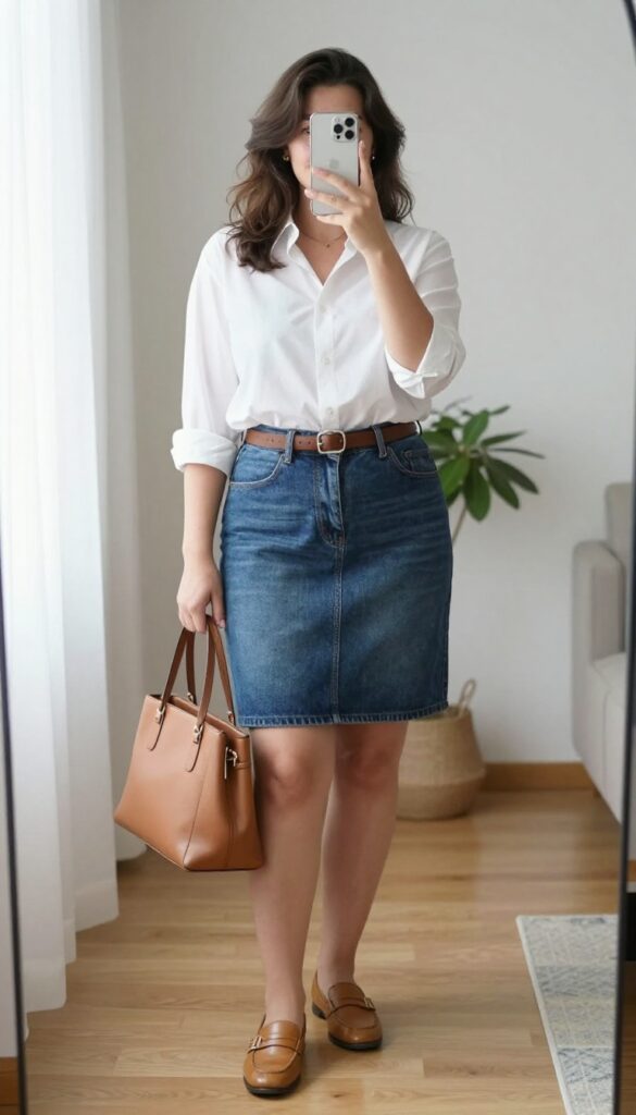 Plus-size woman in white button-down shirt and straight jean skirt with loafers and leather belt, taking a mirror selfie in bright room.