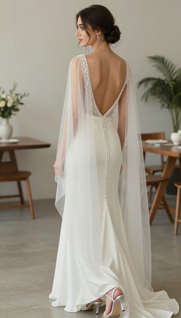 Woman in crystal backless wedding dress with detachable sheer cape, silver heels, elegant indoor setting.