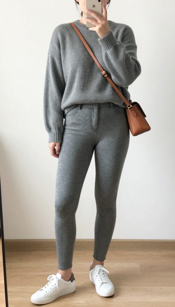 Woman in grey skinny pants and oversized oatmeal sweater with white sneakers, taking a mirror selfie in bedroom, phone partially covering face.