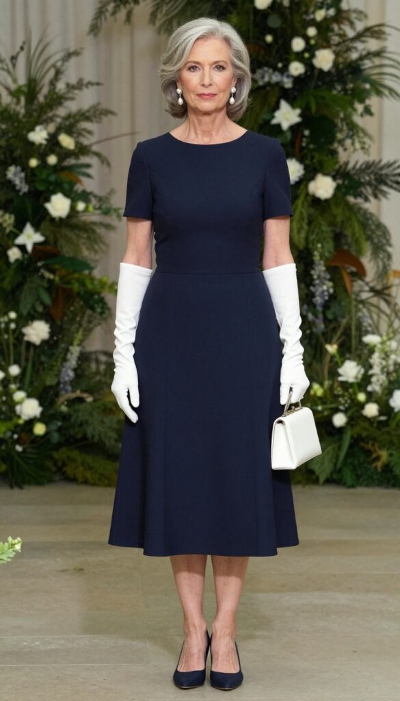 Stylish older woman with silver hair wearing navy fit-and-flare dress and white opera gloves at evening wedding reception