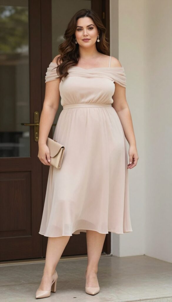 Plus-size woman in off-shoulder blush midi dress with sheer champagne wrap and nude block heels, standing in chapel doorway