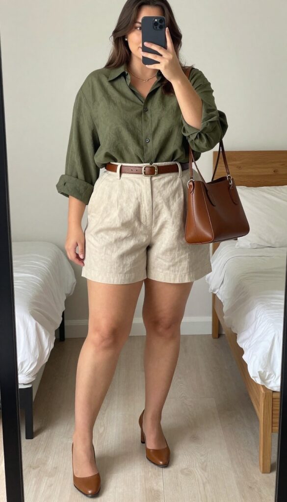 Woman in tailored shorts and blouse with leather belt and tote, standing in a bright office or outdoor setting.